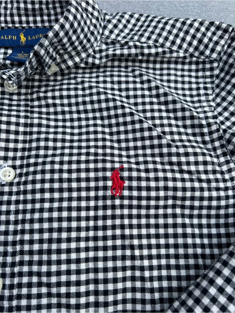 Ralph Lauren Black & White Gingham Button-Down Shirt with Red Polo Logo